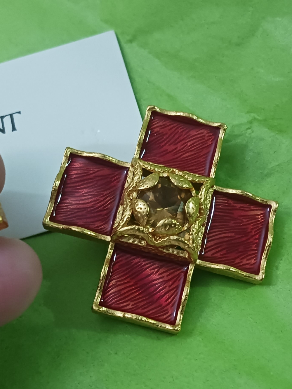 Red and Gold Statement Cross Earrings by Saint Laurent Clip Ons Made In FRANCE - Picture 5 of 13